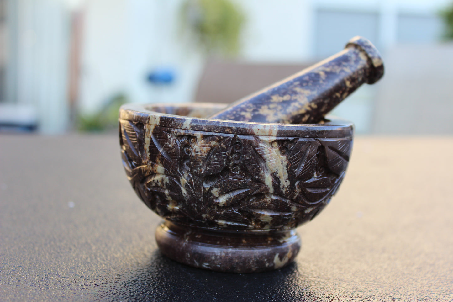Mortar and Pestle- Soap Stone- Carved Leaves