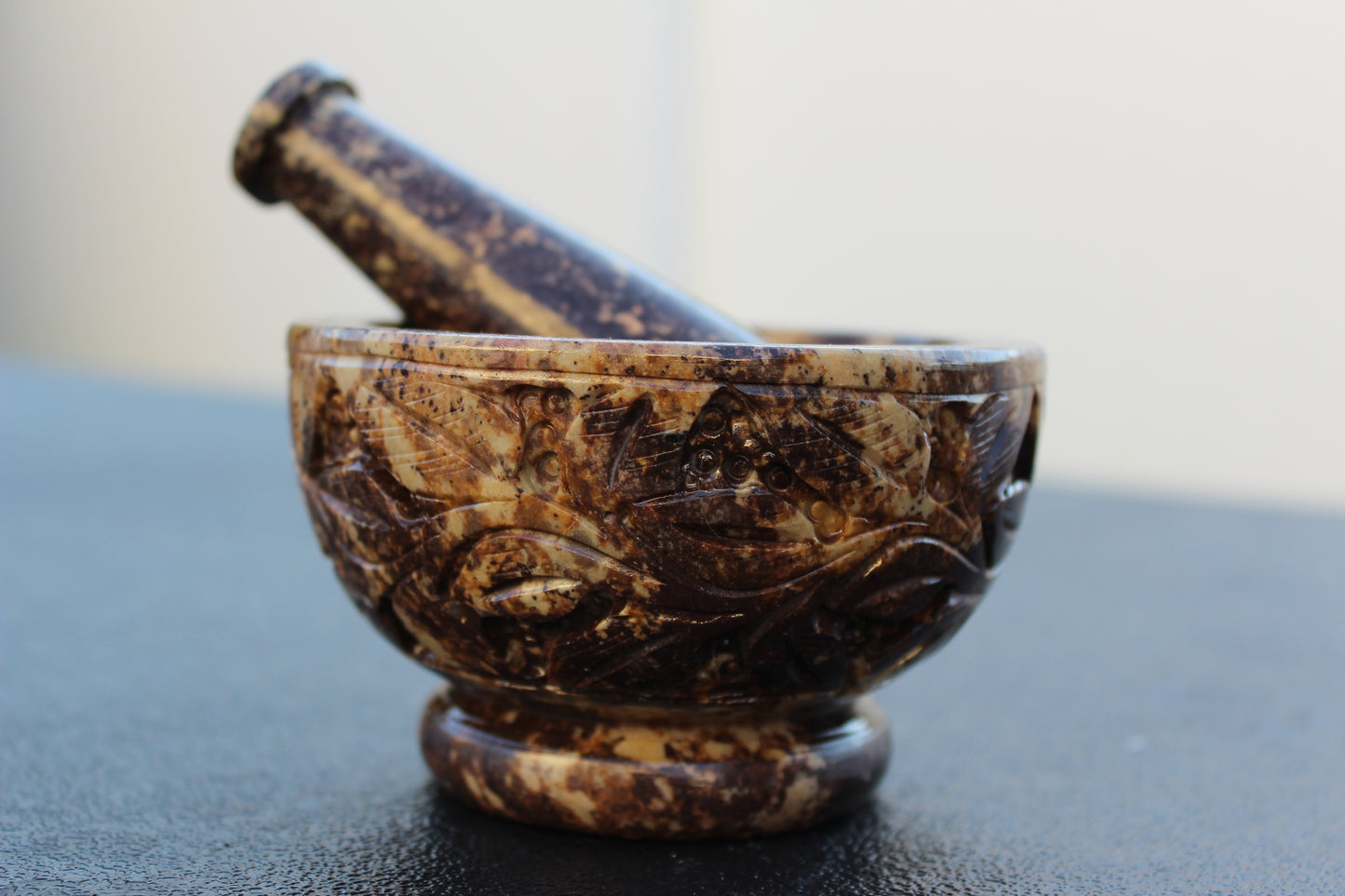 Mortar and Pestle- Soap Stone- Carved Leaves